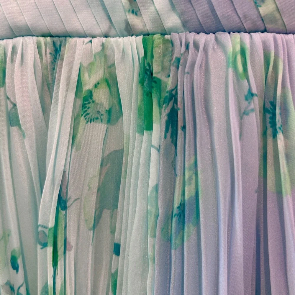 THEIA Pleated Chiffon Dress Blue Green Watercolor Halter Midi 4 Wedding Guest
